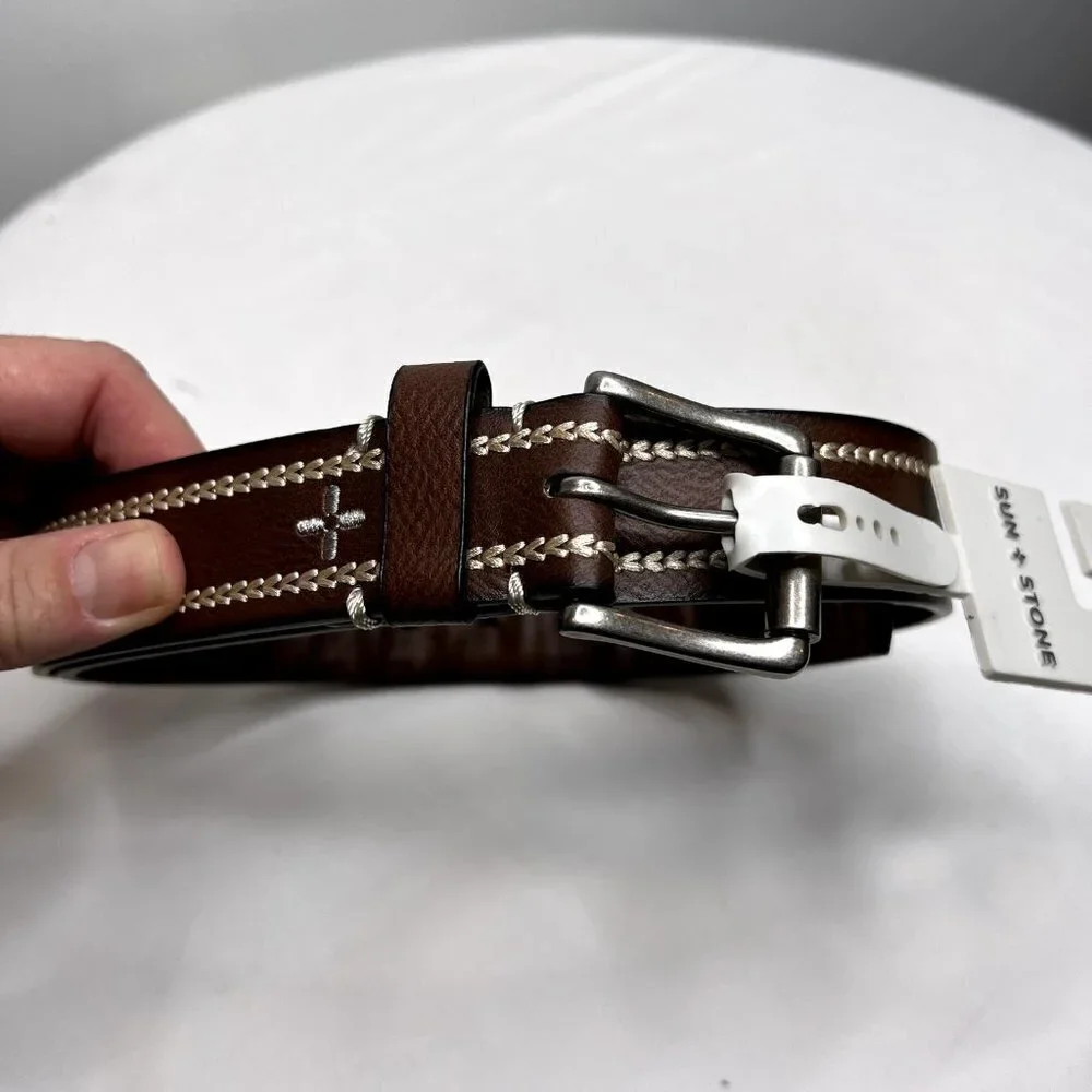 Sun Stone Mens Brown Heavy Stitch Faux Leather Belt Size S (30-32)